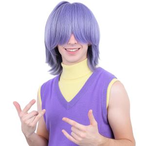 PUREHAIR Short Blue Purple Cosplay Wig for Men with Long Bangs - Anime Cosplay Wigs for Mens Halloween Costume Party (Blue Purple)