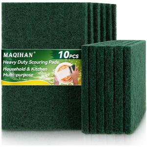 MAQIHAN Heavy Duty Scouring Pad - 10PCS Scouring Pads for Heavy Duty Cleaning Scrubbing Pads for Kitchen Bathroom Household Cleaning Dish Scrubber Scrub Sponges for Oven Barbecue Grill Bathtub (Dark Green)