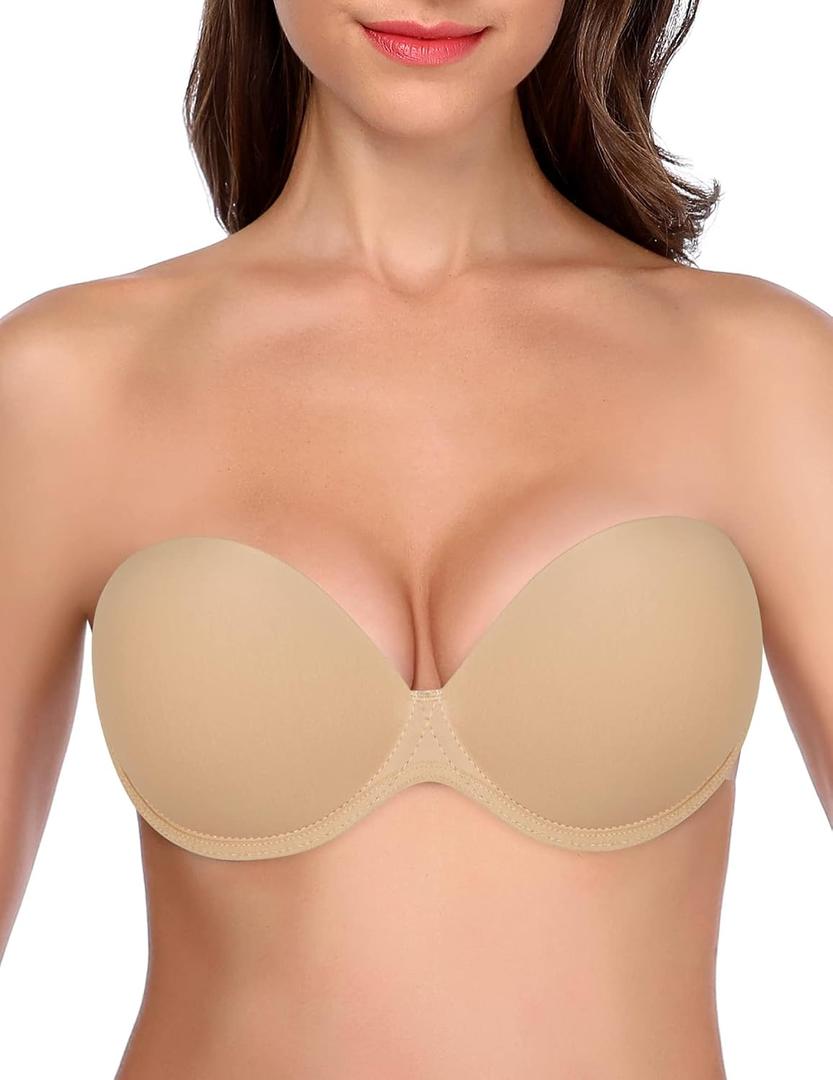 JOATEAY Strapless Backless Bra for Big Busted Women Sticky Invisible Underwire Bra Push Up Padded (Beige, M) C