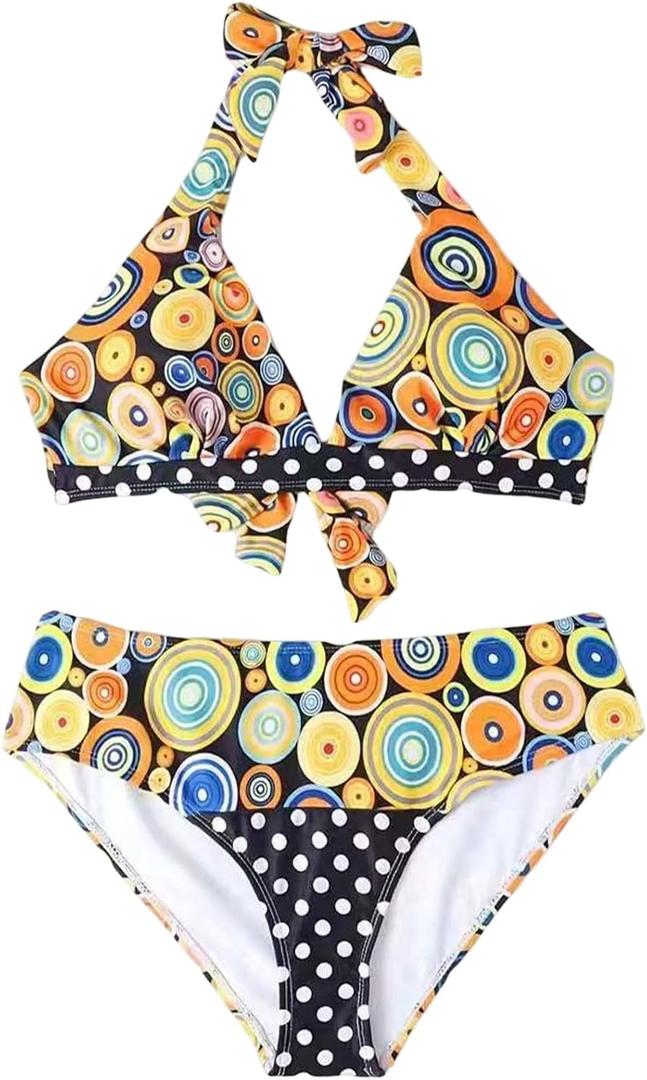 SOLY HUX Women's Floral Bikini Set Halter Tie Back Bathing Suit Boho Vacation Two Piece Swimsuit (XL)