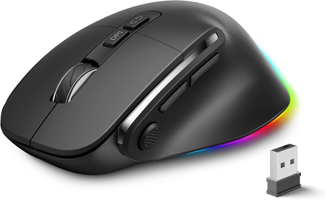 Ergonomic Rechargeable Mouse with Jiggler, Bluetooth+2.4G Wireless+Wired(3 in 1) Connection, Max 4800DPI, Rapid Fire Key, 5ft Charging Cable, Carpal Tunnel Silent Mice with LED for Office,Gaming (Black)