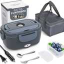 Electric Lunch Box Food Heater, 3 in 1 Ultra Quick Heated Lunch Boxes for Adults, 12V/24V/110V Portable Food Warmer for Car/Truck/Office With Fork Spoon and Insulated Carry Bag (Blue Gray)