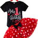 TTYAOVO Baby Girl 1st Birthday Outfits Sets Polka Dot Dress Romper+Tutu Skirt+Headband (Size 9-12M, 916 Red)
