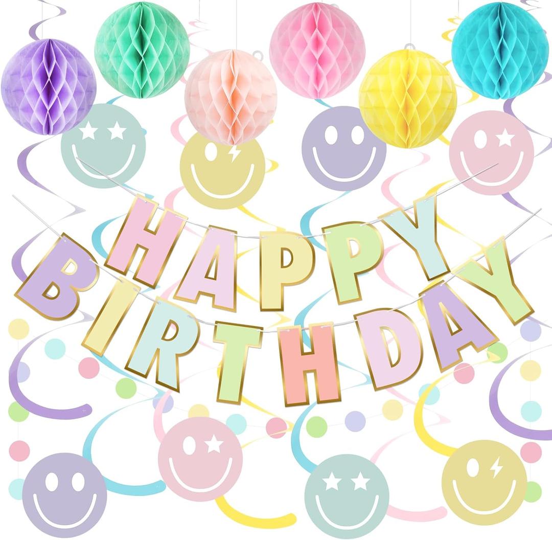 meowtastic Pastel Birthday Decorations - Macaron Happy Birthday Banner, Honeycomb Balls, Smiley Face Swirls Streamers, Circle Dots Decorations