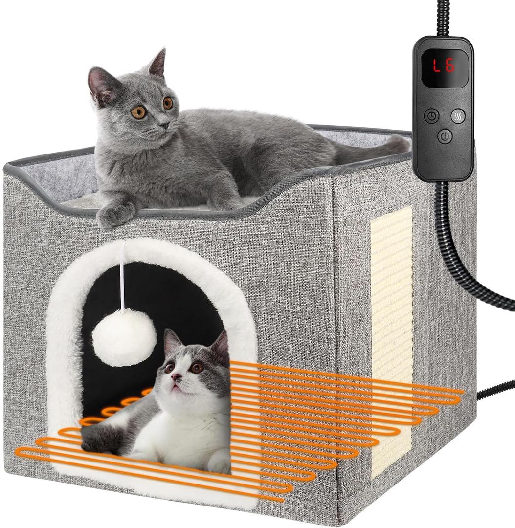 Heated Cat Bed for Indoor Cats, Foldable Cat House with Removable Heating Pad for Cats Small Dog Covered Cat Bed Cave Kitty Hideaway with with Scratch Pad, All Season Use