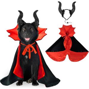 2 Pcs Dog Halloween Costume Set Cat Witch Vampire Cape Devil Horns Hat Holiday Clothes for Cat Puppy Halloween Party Pet Outfits L