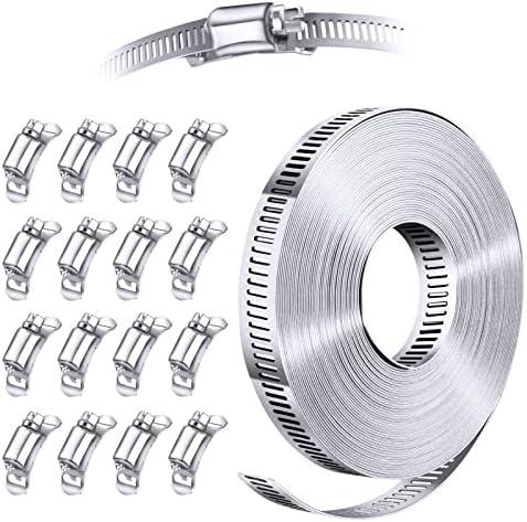 Steelsoft 304 Stainless Steel Hose Clamp Assortment Kit DIY, Cut-To-Fit 35 FT Metal Strap+16 Stronger Fasteners, Large Adjustable Worm Gear Hose Clamps Screw Clamps Duct Pipe Metal Clamp Strapping