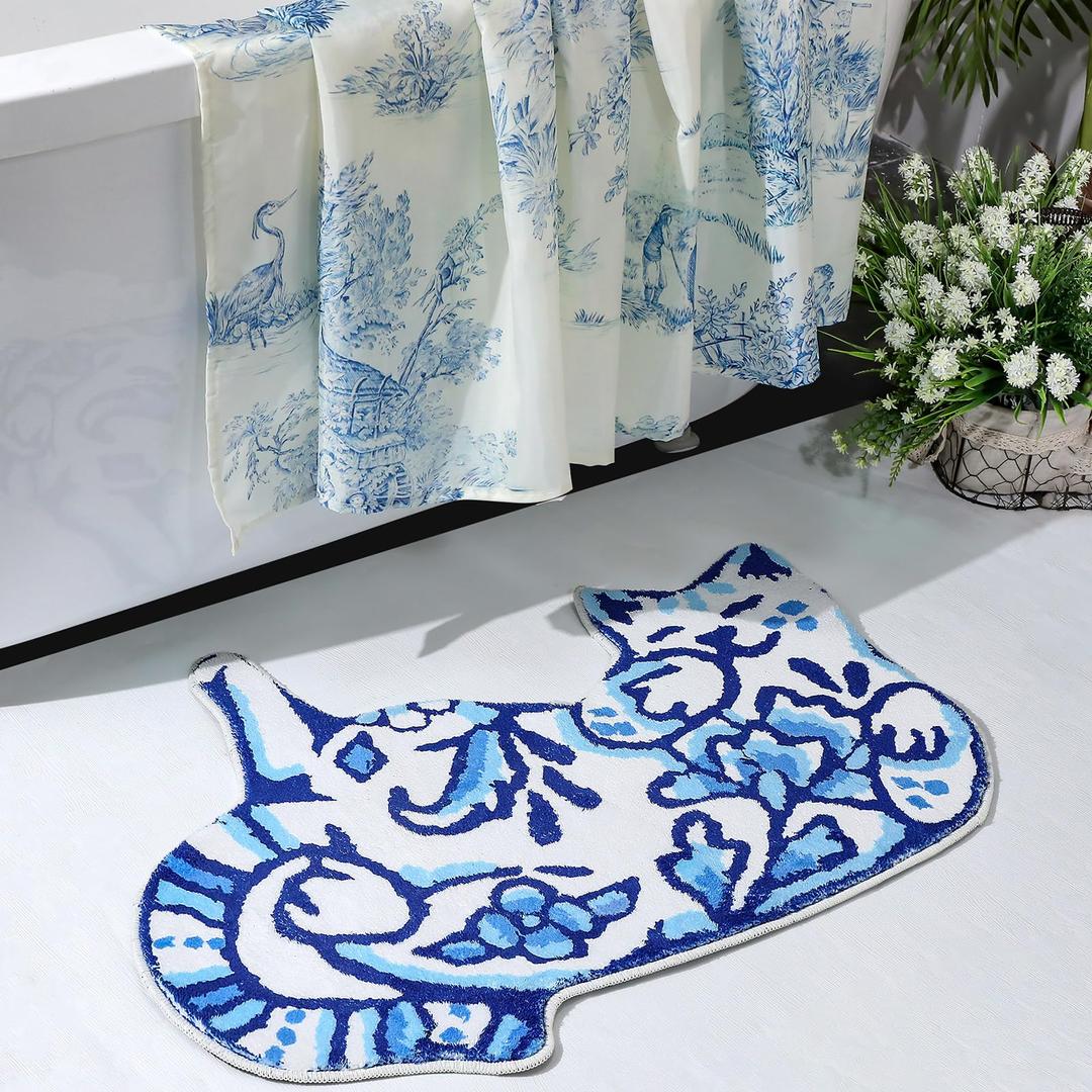 Tinideya Delft Cat Shape Bath Rug Cat Shaped Bathroom Mat 23" x 32" Rugs for Home Decor Cute Soft Tufted Mats Non Slip Absorbent Floor Carpet for Bedroom Porch Kitchen(Blue)