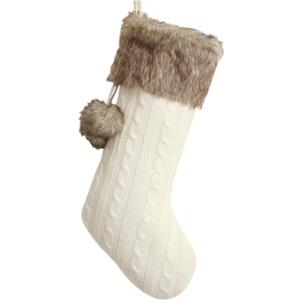 Ivory Cable Knitted Body, Faux Fur Cuff with Faux Fur Fluffy Pompom Ball Christmas Stocking, Xmas Tree Decoration Festival Party Ornament - 10"x18"