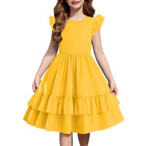 Arshiner Girls Dress Tween Boho Flutter Sleeve Tiered A Line Summer Dresses with Pockets (11-12 Years, Yellow)