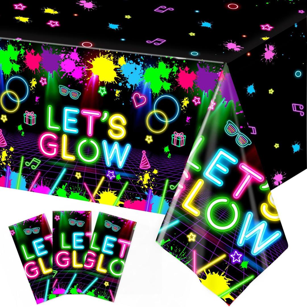 Oigco 3 Pcs Neon Tablecloth, Neon Party Decorations Let's Glow Table Cover for Birthday Glow in The Dark Party Supplies, 54 x 108 Inch