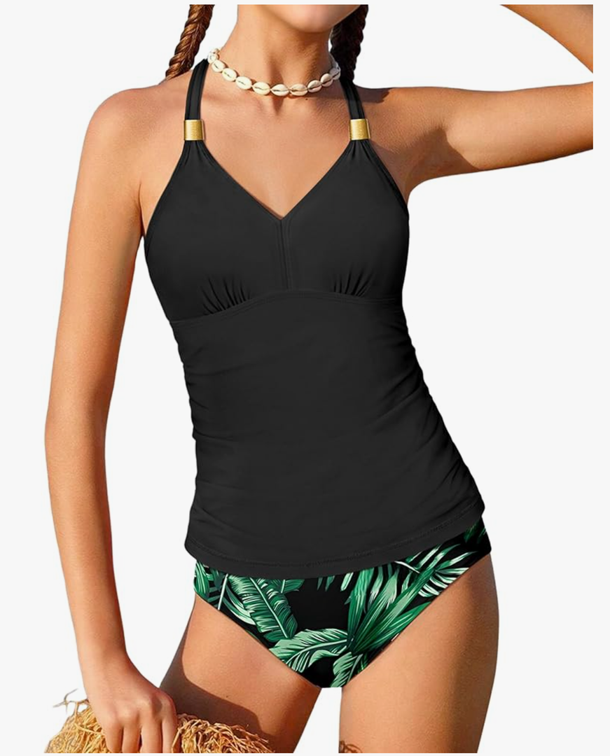 NECIOUS Girls Swimsuit 2 Piece Bathing Suit Halterneck Ruched Tankini Sets Printed Girls' Swimwear for 15-16 Years