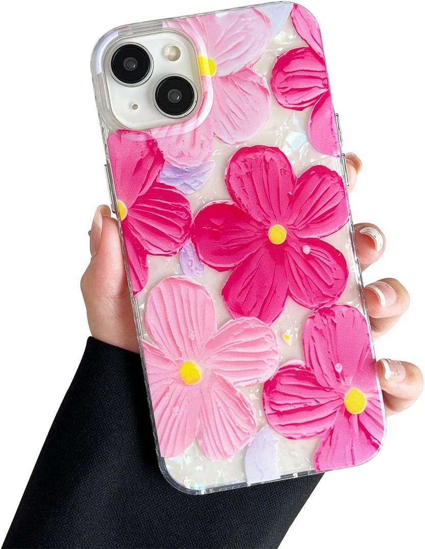 Compatible with iPhone 14/15 Plus Case, Cute Aesthetic Sparkle Hot Pink Oil Painting Floral Flowers Cover for Women, Shockproof Slim Soft TPU Protective Phone Case