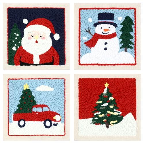 Solsew 4 Set Christmas Embroidery Punch Needle Kit Frame for Beginners Adults Christmas Pattern Including Stamped Needle Fabric Cloth with 4 Embroidery Hoops, Yarns, Rug Punch, Instruction