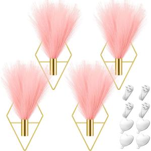Hanaive 4 Sets Boho Gold Wall Decor Metal Wall Art Hanging Planters with Artificial Pampas Display Art Modern Home Metal Vase for Bedroom Living Room Home Office(Gold, Pink)