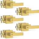 Plustool 5 Pack Brushed Gold Door Handles, Interior Door Knob Heavy Duty, Flat Square Privacy Door Locks, Keyless Door Leverset for Bedroom and Bathroom