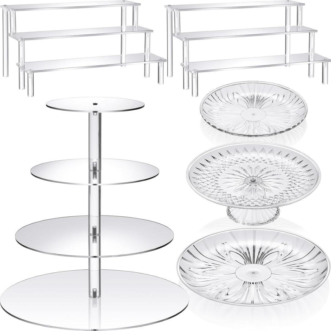 6 Pcs Acrylic Cake Stands Set Include 2 Display Risers 1 Pcs 4 Tier Cupcake Tower and 3 Clear Round Dessert Trays Cake Table Holder for Wedding Baby Shower Decoration(Novel Style)