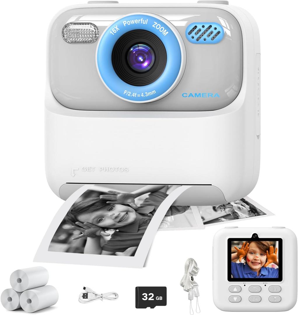 masterbee Kid Camera Instant Print Photo, Birthday Gifts for Girls and Boys, Kids Digital Camera Toys, 1080P HD Video, 3 4 5 6 7 8 9 10 11 12 Year Old Boy Gifts/Girl Gifts (White)