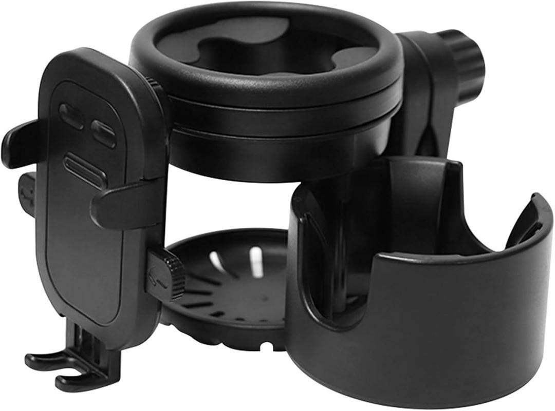 4-in-1 Universal Stroller Cup Holder with 360 Phone Mount - Adjustable Drink & Phone Holder for Strollers, Wheelchairs, Bikes, and Scooters Black