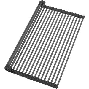 Roll Up Dish Drying Rack, Silicone Wrapped Over The Sink Multipurpose Foldable Dish Drainer Anti-Slip Coated Stainless Steel Dish Racks for Kitchen Counter, Sink Drying Rack (Black, 20.5" x 17.3")