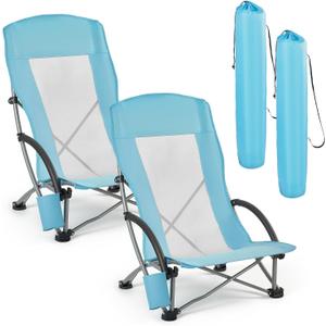 VEVOR Folding Beach Chair, High Back Camping Chairs for Adults, with Cup Pocket, Mesh Back, Carry Bag, Portable Extra Wide Seat Chair 330 lbs Heavy Duty Support, for Outdoor, Camp, Light Blue, 2 Pack