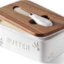 Le Tauci Butter Dish with Lid for Countertop, Ceramic Butter Container, Embossed Butter Keeper with Acacia Wood lid, Knife, and Airtight Cover, Farmhouse Decor - Set of 1, Arctic White, Bee Pattern
