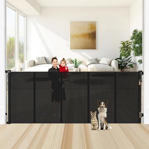 Reinforced 48" Extra Tall X 100" Extra Wide Retractable Baby Gate for Large Openings Extra Tall Dog Gates for Doorways Extra Long Baby Gate Mesh Large Dog Gate Indoor Pet Gate for Cats, Black