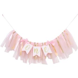 Highchair Banner 1st Birthday Girl - Tulle And Ribbon Banner For First Birthday, Cake Smash Photo Prop, Party Supplies (Pink)