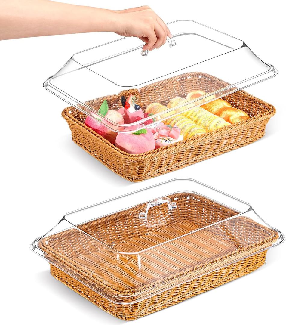 Mumufy 2 Pack Wicker Large Bread Basket with Acrylic Lid Housewarming Gift Woven Rectangular Imitation Rattan Fruit Basket with Cover for Serving Food Display Tabletop Home Kitchen(15.75x11.81'')