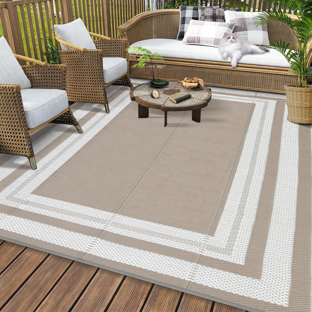 GAOMON 9x12 Outdoor Rug for Patios Waterproof Plastic Straw Rug Reversible Mat Modern Bordered Lightweight Carpet for Patio Porch RV Backyard Pool Deck Picnic Beach Trailer Camping Border-Coffee