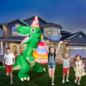 Sosation 6 ft Tall Lighted Birthday Inflatable Green Dinosaur with Cake Blow up Dinosaur Cake Decoration with Build in LED Lights for Birthday Party Outdoor Indoor Yard Lawn Garden
