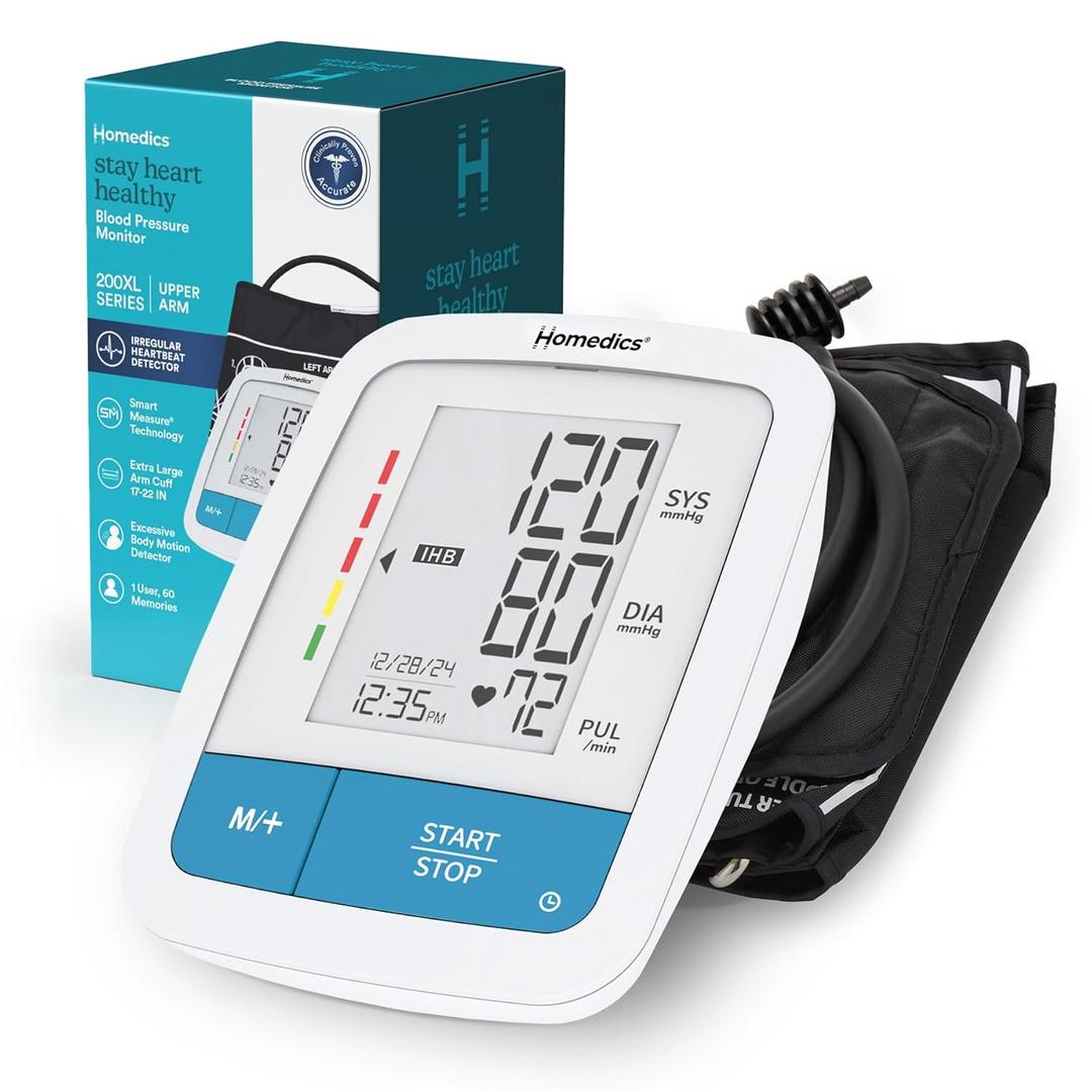Homedics XL Cuff Arm Blood Pressure Monitor, 200XL Series, 17-22 Cuff, Smart Measure Technology, Irregular Heartbeat & Motion Detector, Large Display