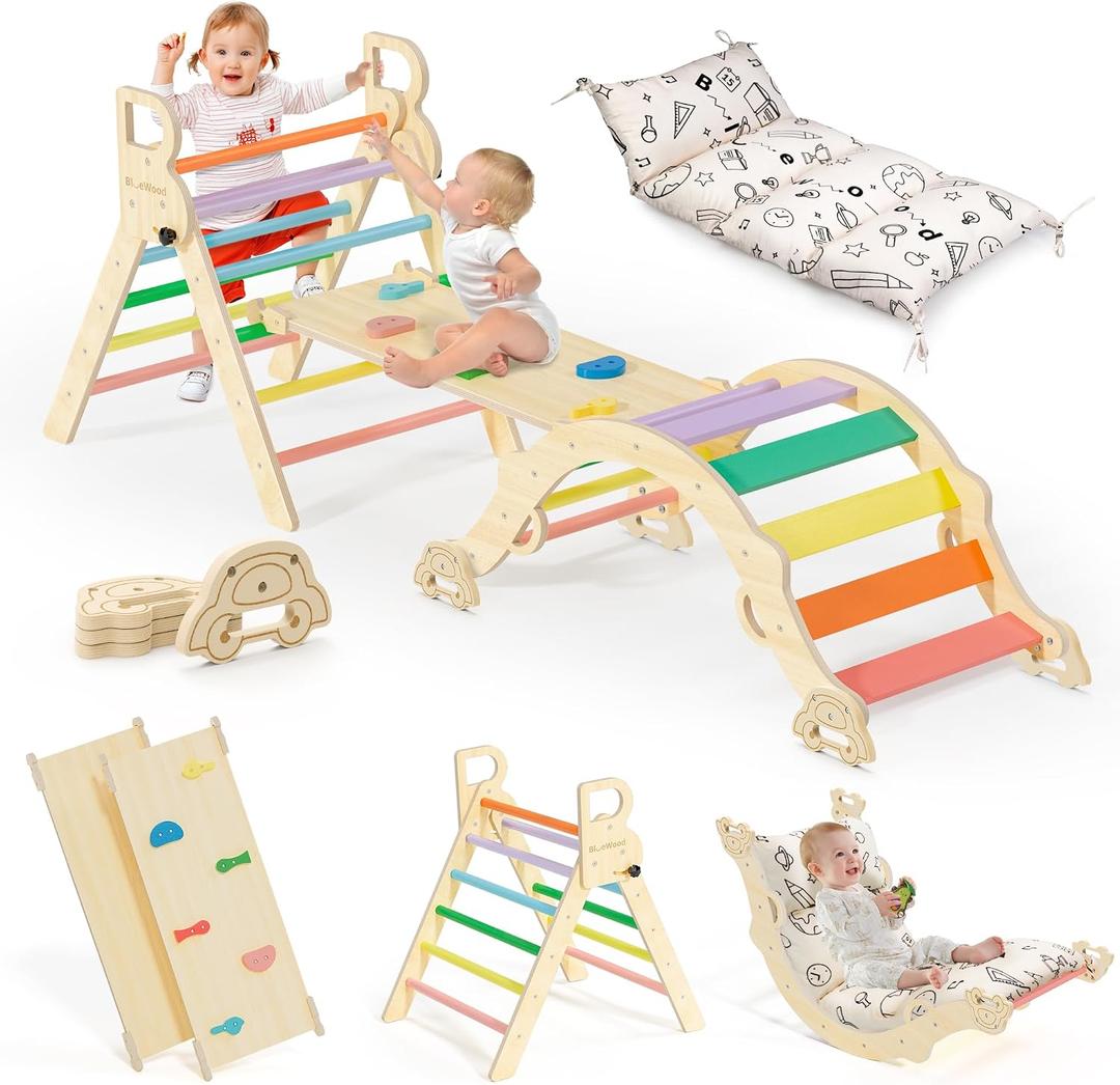 BlueWood Pikler Triangle Set with Cushion, 8-in-1 Climbing Toys for Toddlers, Montessori Philosophy Play Jungle Gym with Arch, Ramp, Ladder(Sunshine Rainbow)