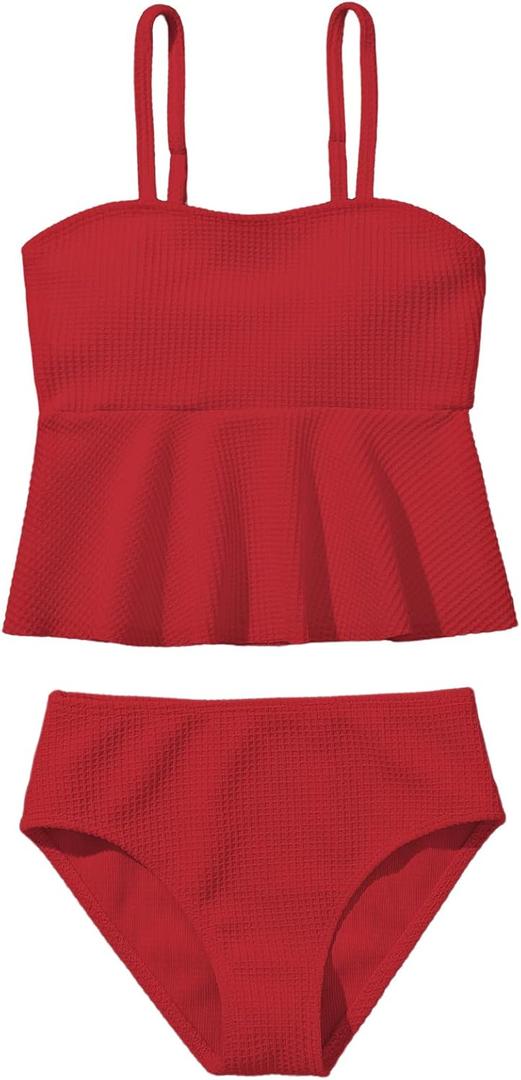 SHENHE Girl's 2 Piece High Waisted Ruffle Waffle Swimsuit Bathing Suit Bikini Sets 11-12Y