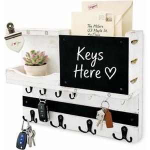 Key Holder for Wall Mount with Shelf and Mail Organizer, Key and Mail Holder with 16 Hooks, Farmhouse Entryway Organizer, Home Decor Rack (Pine Wood, White Washed)