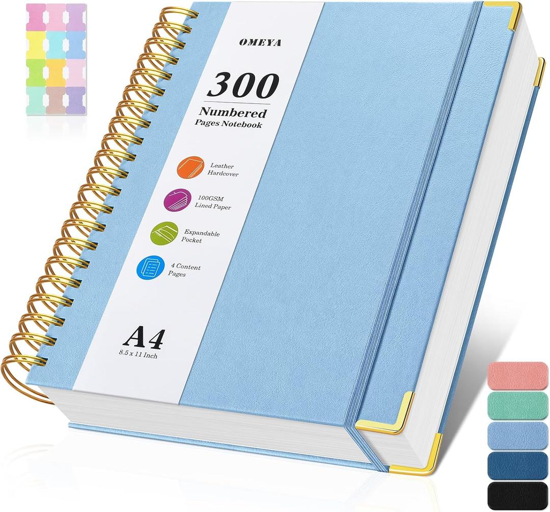 Spiral Notebook 8.5" x 11", 300 Numbered Pages Notebooks College Ruled with Tabs, Hardcover Leather Lined Journal for Women Men, 100GSM Thick Journals for Writing, Large A4 Notebooks for Work School (Light Blue)