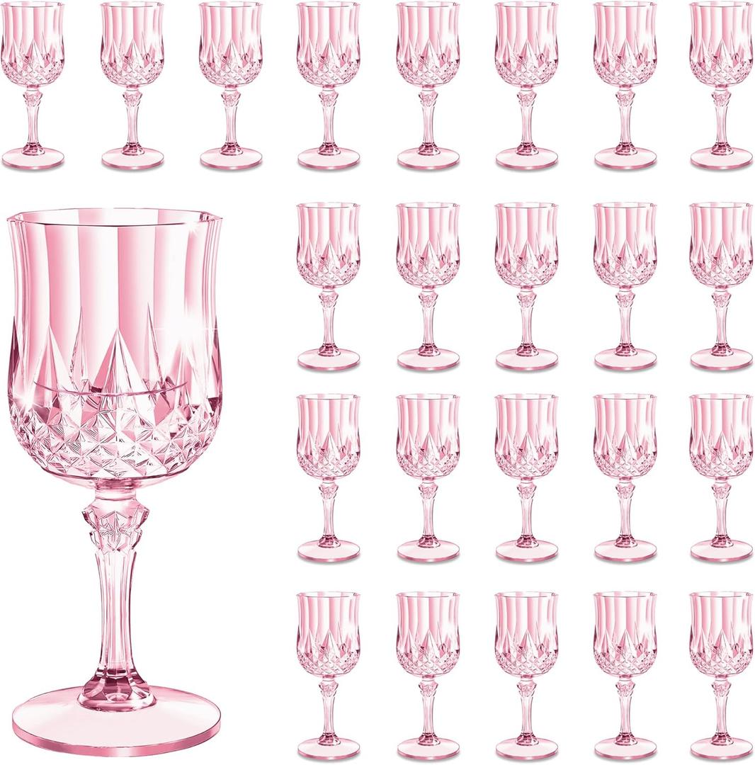 24PCS 7oz Plastic Wine Glasses Drinking Unbreakable Glassware Goblets Cups Pink Water Reusable Vintage Champagne Flutes for Valentines Day, Parties, Wedding (24, Pink)