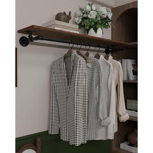 Clothes Rack 48in, Wall Mounted Garment Rack with Real Wood Shelf, Heavy Duty Hanging Clothes Rack, Multi-Purpose Hanging Rod, Space-Saving Closet Storage (Brown)