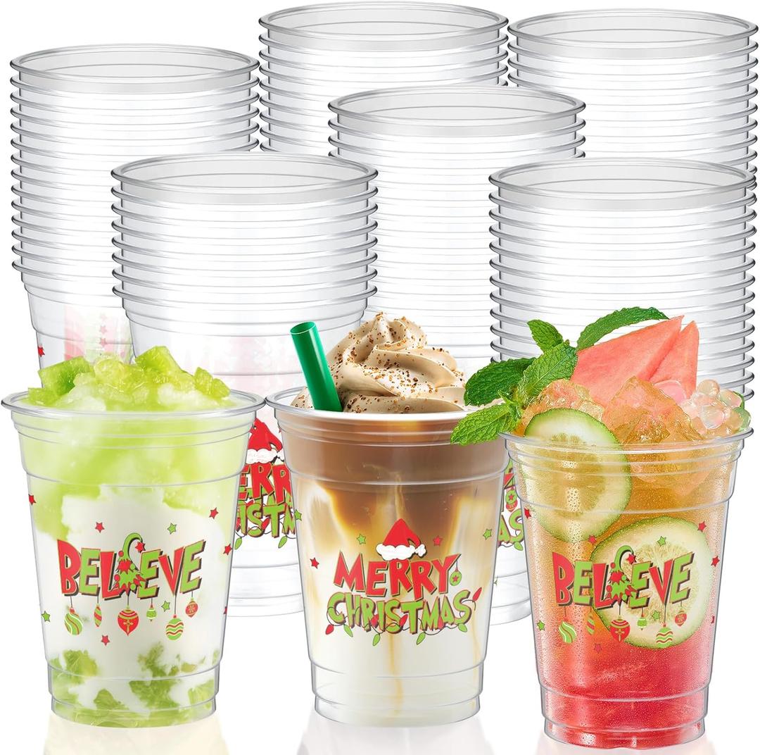 Cinrobiye 50Pcs Christmas Party Cups 12 oz Green & Red Clear Disposable Plastic Cup Bulk Green Christmas Cup for Xmas Winter Holiday Birthday Carnival Dinner Coffee Juice Hot Cold Drink Party Supplies