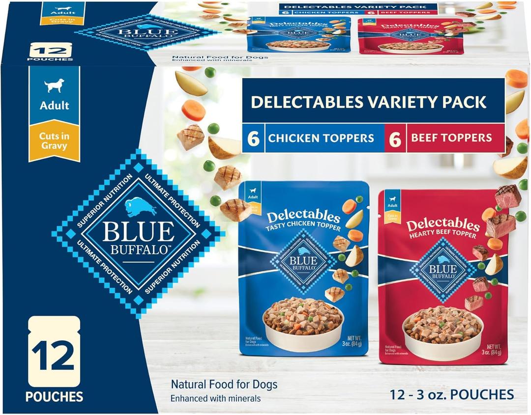 Blue Buffalo Delectables Natural Wet Dog Food Toppers Variety Pack, Tasty Chicken & Hearty Beef, Cuts in Gravy, 3-oz. (12 Pouches, 6 of Each Flavor) Best Before Mar. 10 2027