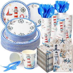 Sinmoe 400 Pcs Summer Plates and Napkins Set Summer Paper Dinnerware Disposable Party Supplies for 50 Guest Dinnerware Knife Fork Spoon for Birthday Party(Blue,Nautical)