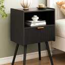 Black Nightstand,Modern Bedside Table with Storage Drawer and Open Wood Shelf, for Living Room, Bedroom and Small Spaces, Accent Night Stand with Solid Wood Legs, Easy Assembly,Classic Black