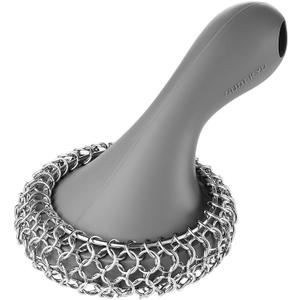 SUBEKYU Cast Iron Scrubber with Silicone Handle, Stainless Steel Cast Iron Skillet Cleaner Chainmail Scrubber for Pans, Grey