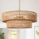 LamQee 22 Inch Farmhouse Rattan Chandeliers, 5 Lights Boho Chandelier Light Fixture with Hand Woven Wicker Shade, Large Rattan Pendant Lights Ceiling Hanging Lighting for Dining Room Kitchen Island
