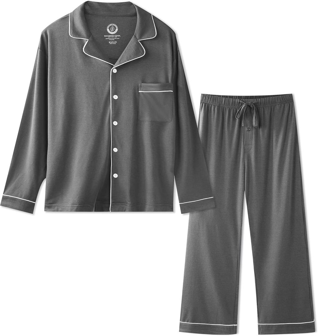 BAMBOO COOL Mens Pajama Set Bamboo Viscose Cotton Soft Lightweight Loungewear Sleepwear Long Sleeve and Pants with Pockets (Large, B-dark Grey)