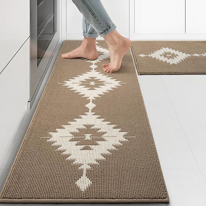 Farmhouse Kitchen Rugs Sets of 2, Beige Kitchen Mat Set for Floor Non-Slip Washable, Absorbent Resist Dirt Polypropylene Large Long Runner Rug, Western Boho Rug for Sink, 24x35+24x59