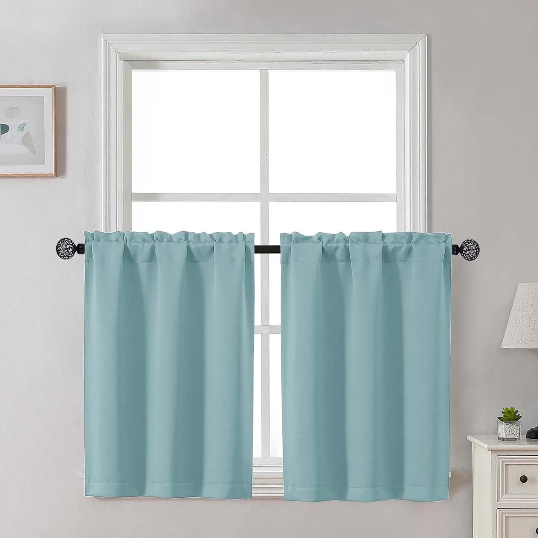 Gwine Short Curtains 30 Inch Length, Light Filtering Small Kitchen Window Curtains Tiers Over Sink, Half Window Treatments for Bathroom Basement Rod Pocket, 2 PCS, Each 30" Wx30 L, Aqua