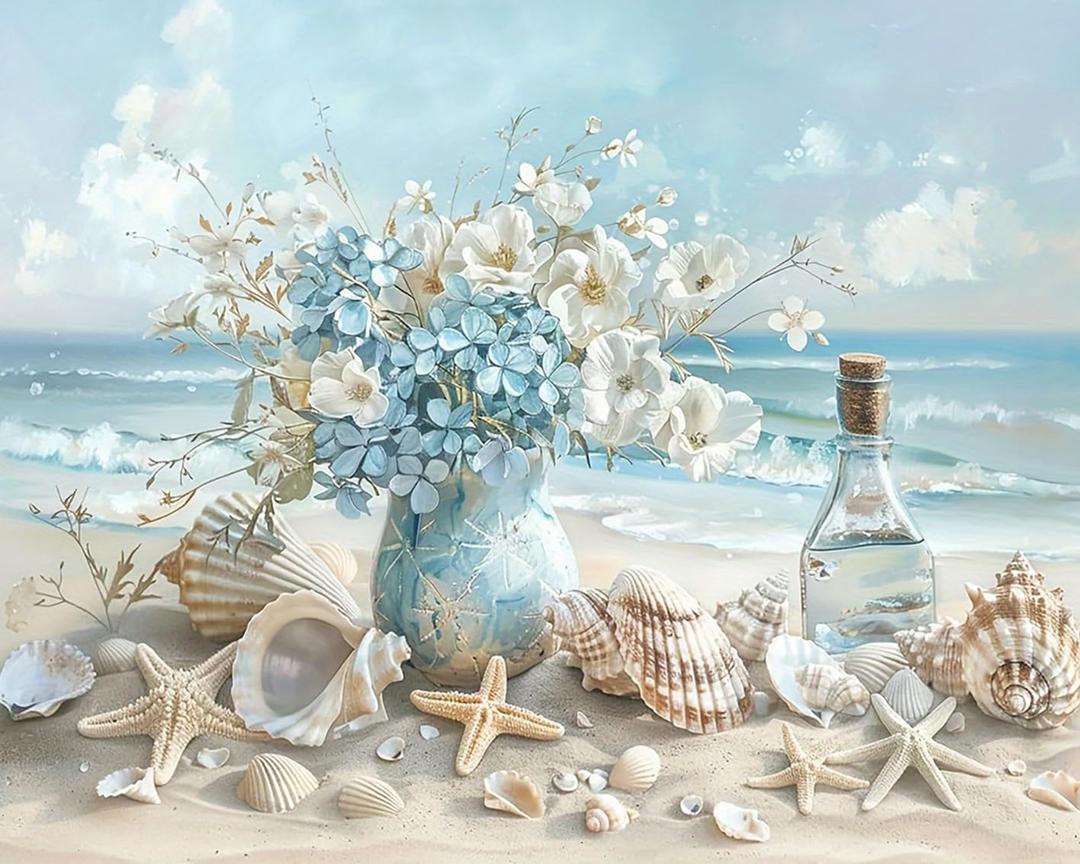 Clendo Beach Paint by Numbers Kit for Adults- Flower Coastal Adult Paint by Number Kits on Canvas, DIY Beach Scene Acrylic Oil Number Painting Kits Arts Crafts for Adults(16 x 20 Inch) (MT22665)