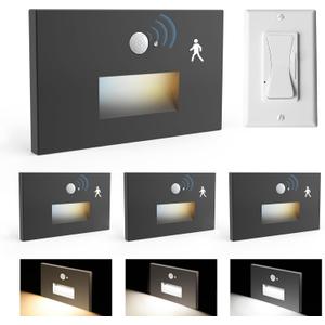 4 Pack Motion Sensor Stair Lights Indoor Outdoor,Dimmable Motion Activated Step Lamp 3000K/4000K/6000K,Hardwired 120V 4W IP65 Waterproof Outside Stairway Light,Led Staircase Lights- Black