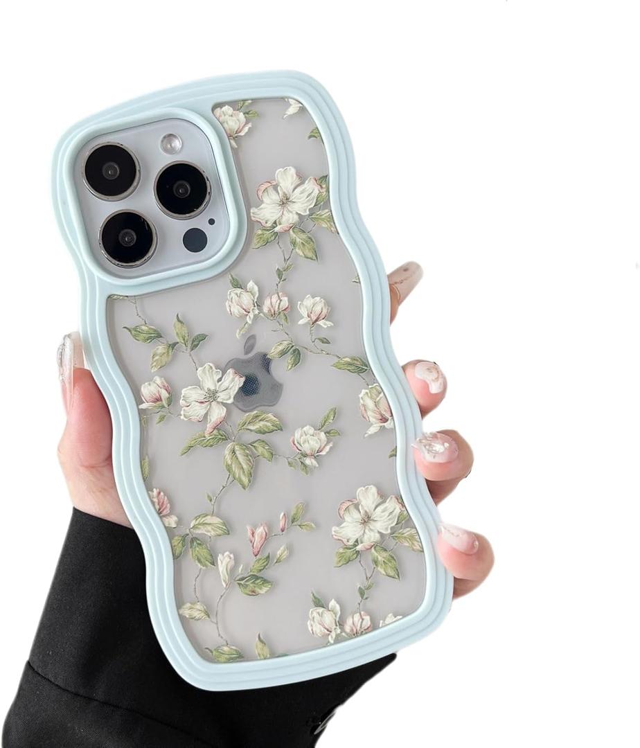 ZTOFERA Floral Case for iPhone 16 Pro 6.3 inch,Cute Curly Wave Frame Shape Case with Green Leaf Flower Pattern for Women Girls, Clear Slim Shockproof Phone Cover for iPhone 16 Pro, Green